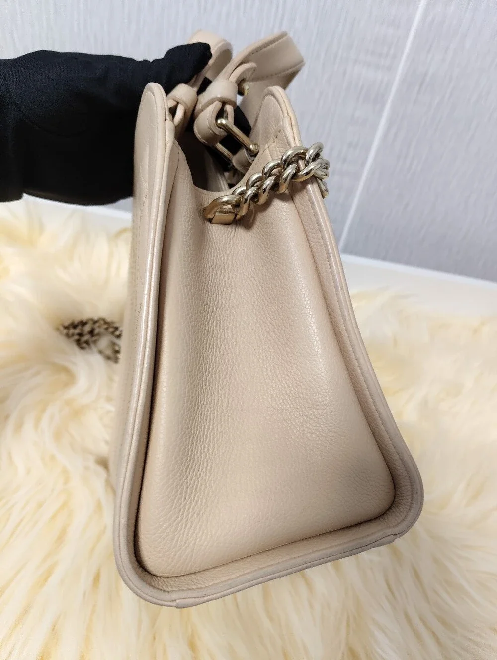 CHANEL Pink-Beige Quilted Leather Satchel with Chain Strap - Picture 8 of 13